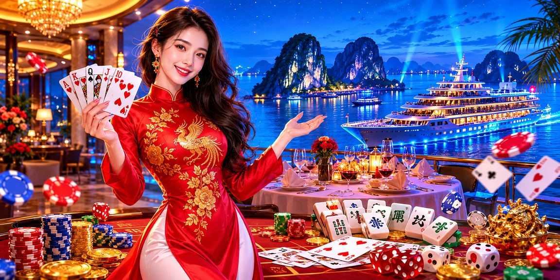 Phụ nữ mặc áo dài tại Hạ Long thư giãn xem điện thoại bên vịnh biển buổi chiều