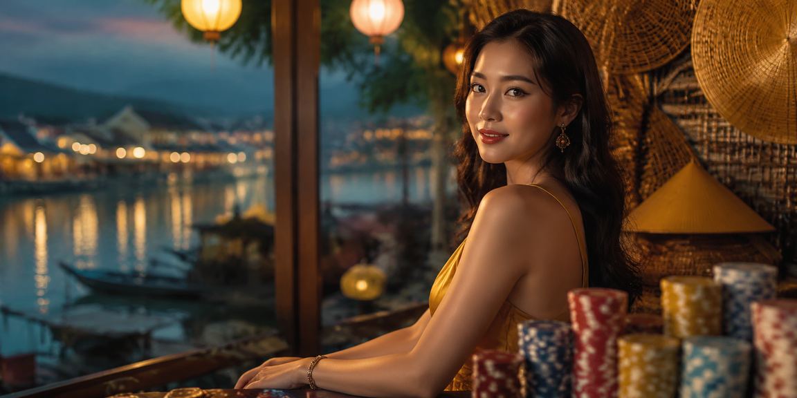 Hình ảnh nón lá và đèn lồng Hội An gợi nhớ vẻ đẹp truyền thống Việt Nam trong không gian giải trí